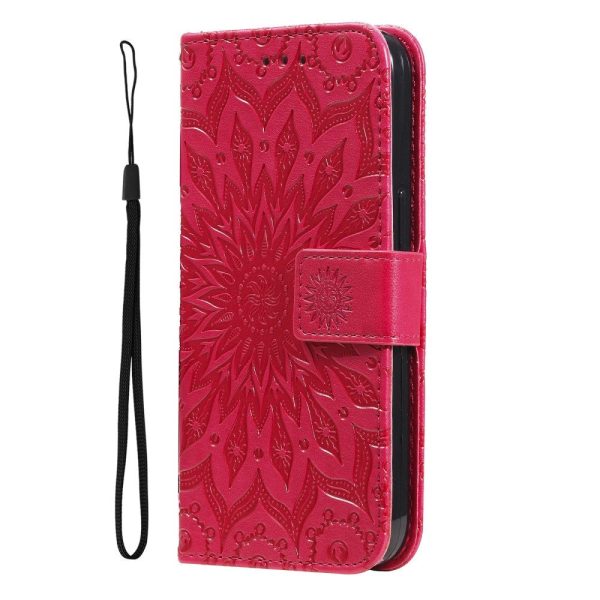 iPhone 15 Plus Læder Cover m. Pung og Strop - Mandala Blomst - Rød For Discount