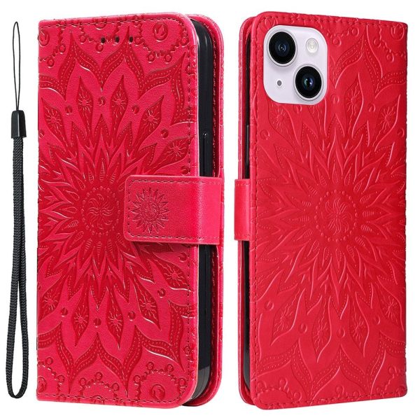 iPhone 15 Plus Læder Cover m. Pung og Strop - Mandala Blomst - Rød For Discount