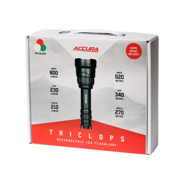 Accura Triclops LED Torch 800 LM White   Red   Green Colours inc. battery-charger and mount Online Sale